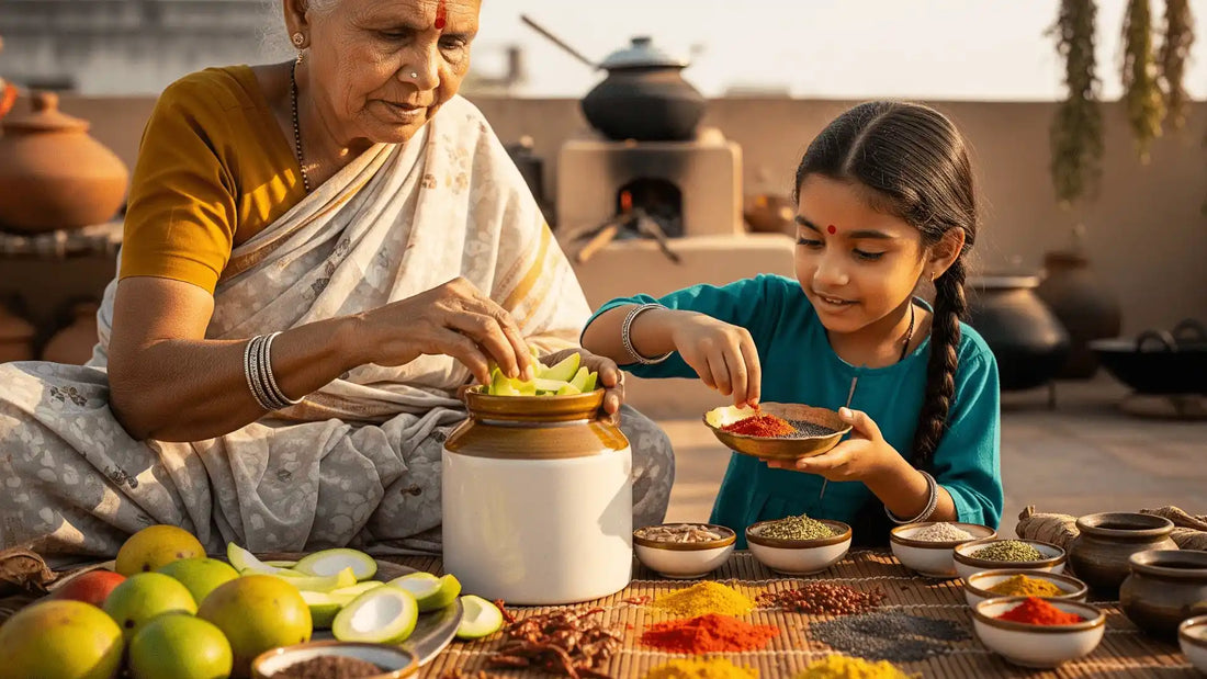 An Indian grandmother and granddaughter on a rooftop making authentic Mango Pickles, preserving family recipes with traditional spices and sun-drying techniques.
