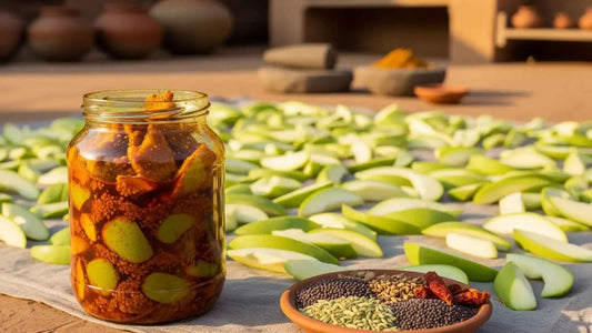 Traditional Indian mango pickle (achar) made with sun-dried mangoes and natural spices.