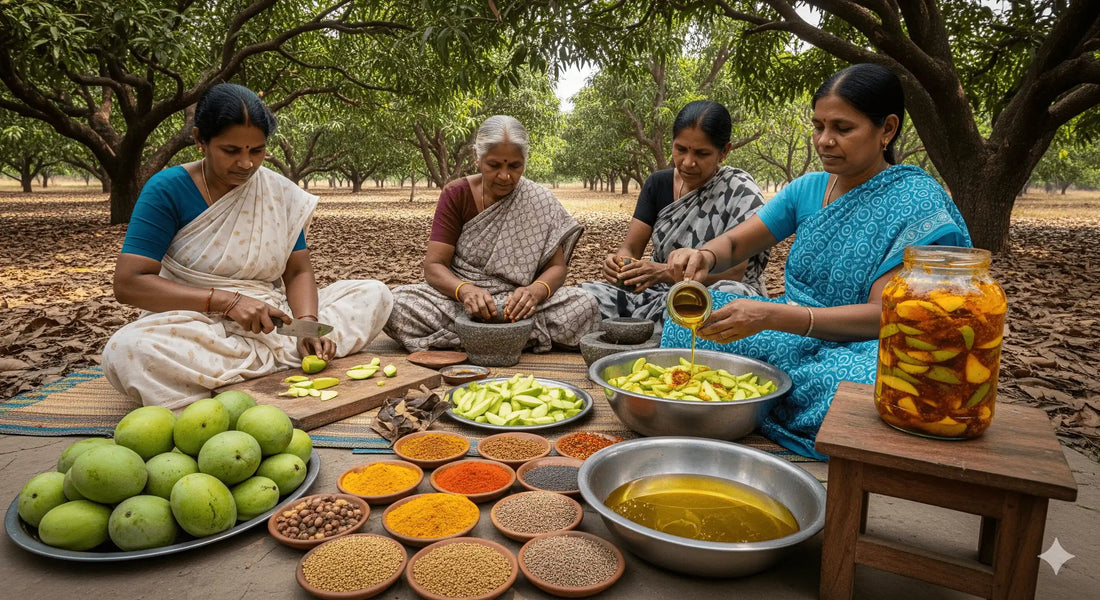 Authentic Indian women in Ranchi making homemade mango pickle with fresh organic ingredients, traditional spices, and mustard oil in a mango farm.