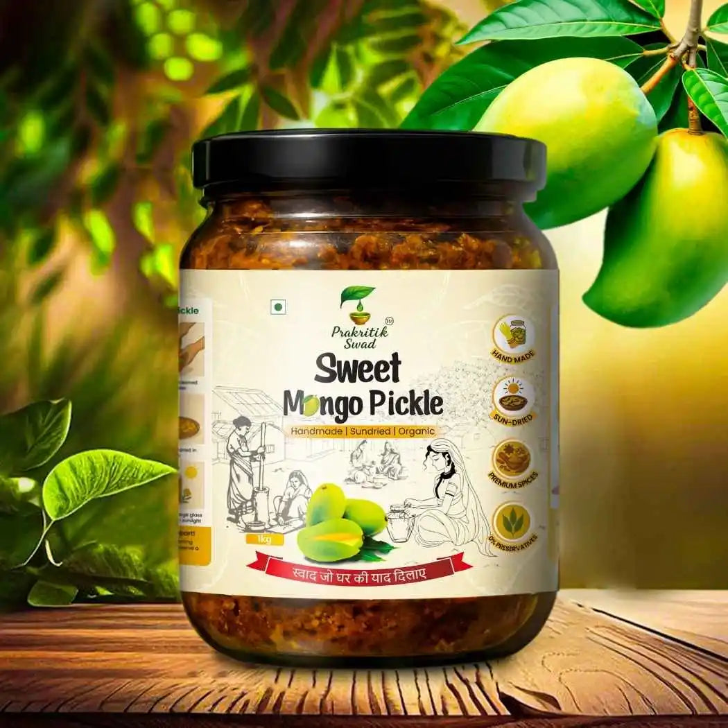 Jar of Sweet Mango Pickle with a label on a wooden surface and green mangoes in the background