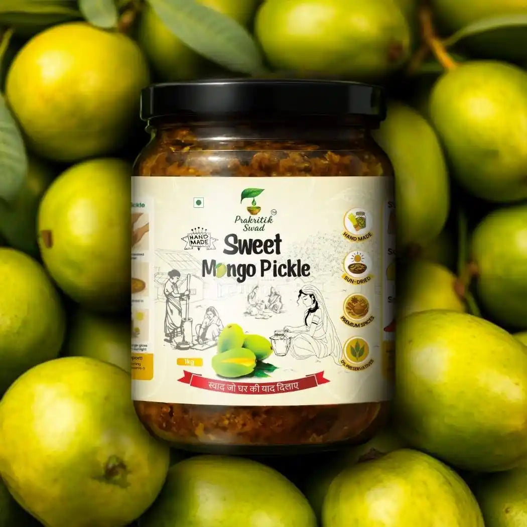 Jar of Sweet Mango Pickle surrounded by green mangoes
