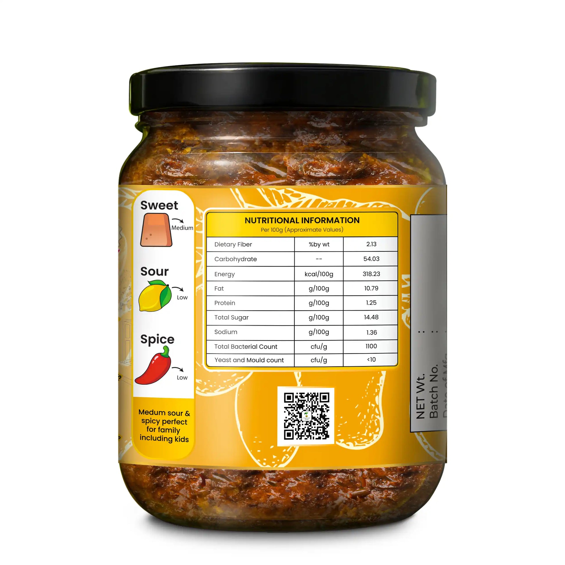 Nutrition facts label on Prakritik Swad sweet mango pickle jar with ingredient information