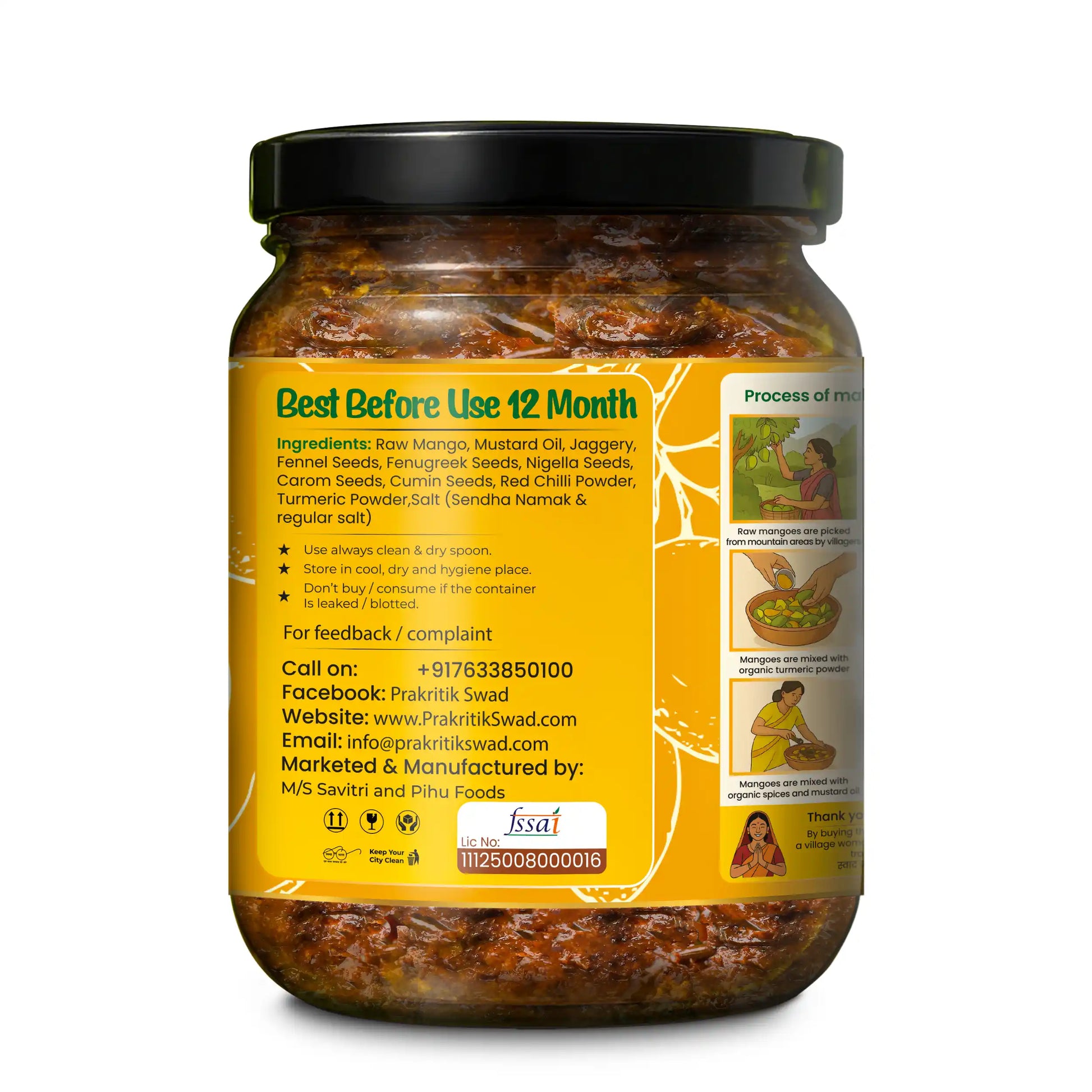 Prakritik Swad sweet mango pickle jar with ingredients information and brand contact details