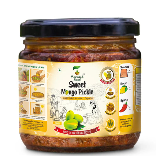 Prakritik Swad sweet mango pickle made with sun-dried raw mangoes, jaggery and traditional village recipe