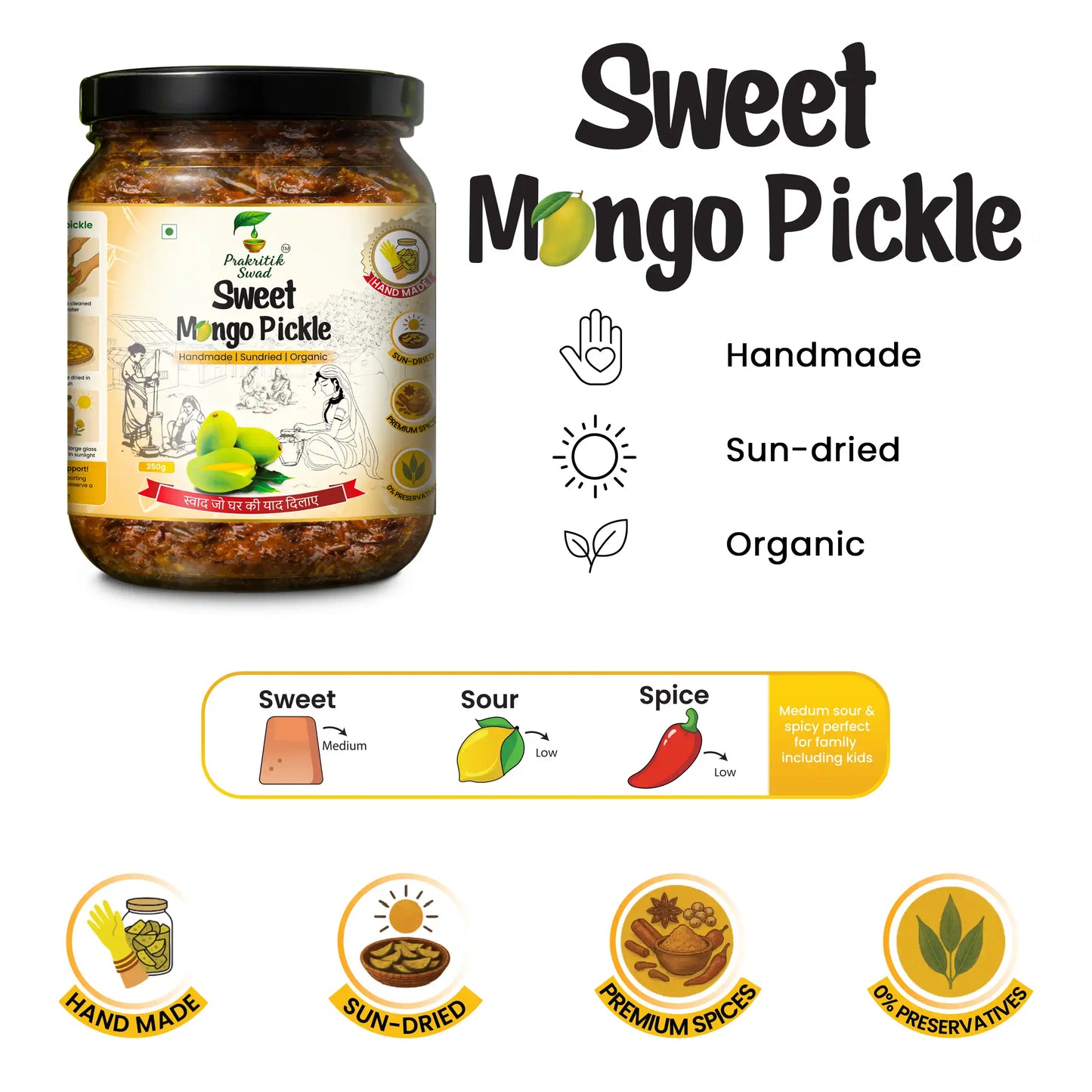 Handmade sweet mango pickle with sweet, sour and spicy flavours, sun-dried and preservative-free