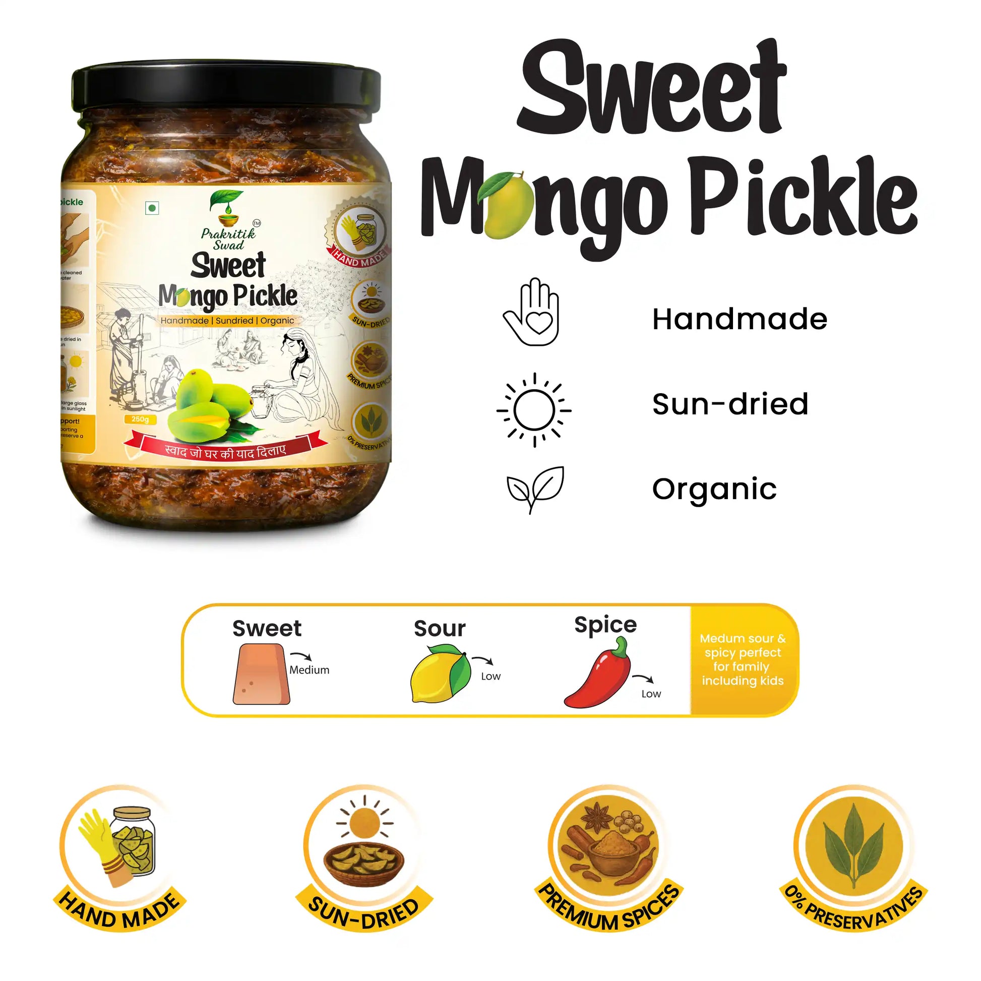 Handmade sweet mango pickle with sweet, sour and spicy flavours, sun-dried and preservative-free