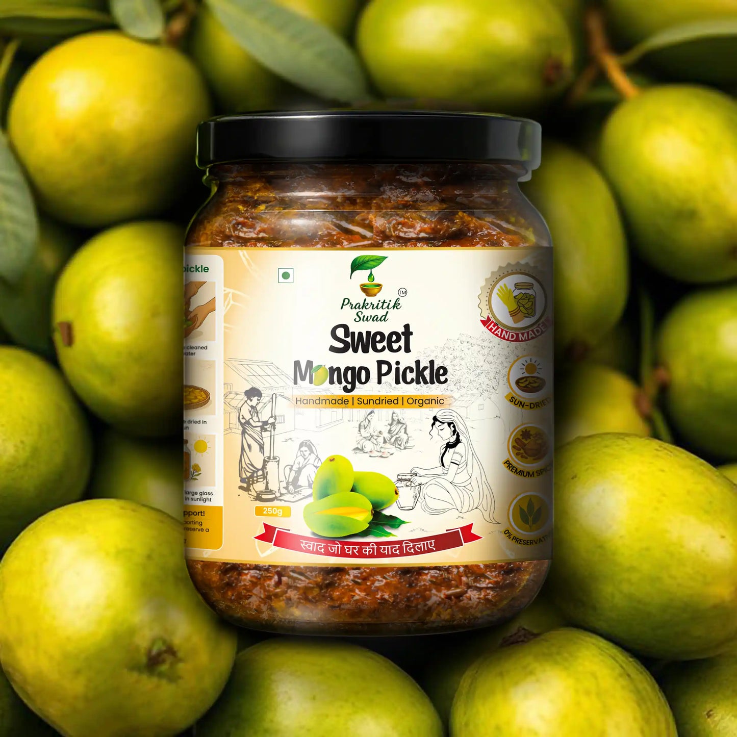 Sweet mango pickle jar placed on fresh raw mangoes, homemade Indian aam ka achar