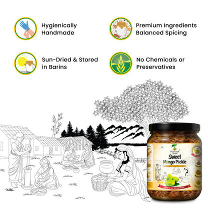 hygienically handmade, sun-dried & stored in barins, premium ingredients balance spicing, no chemical or preservative handmade pickle