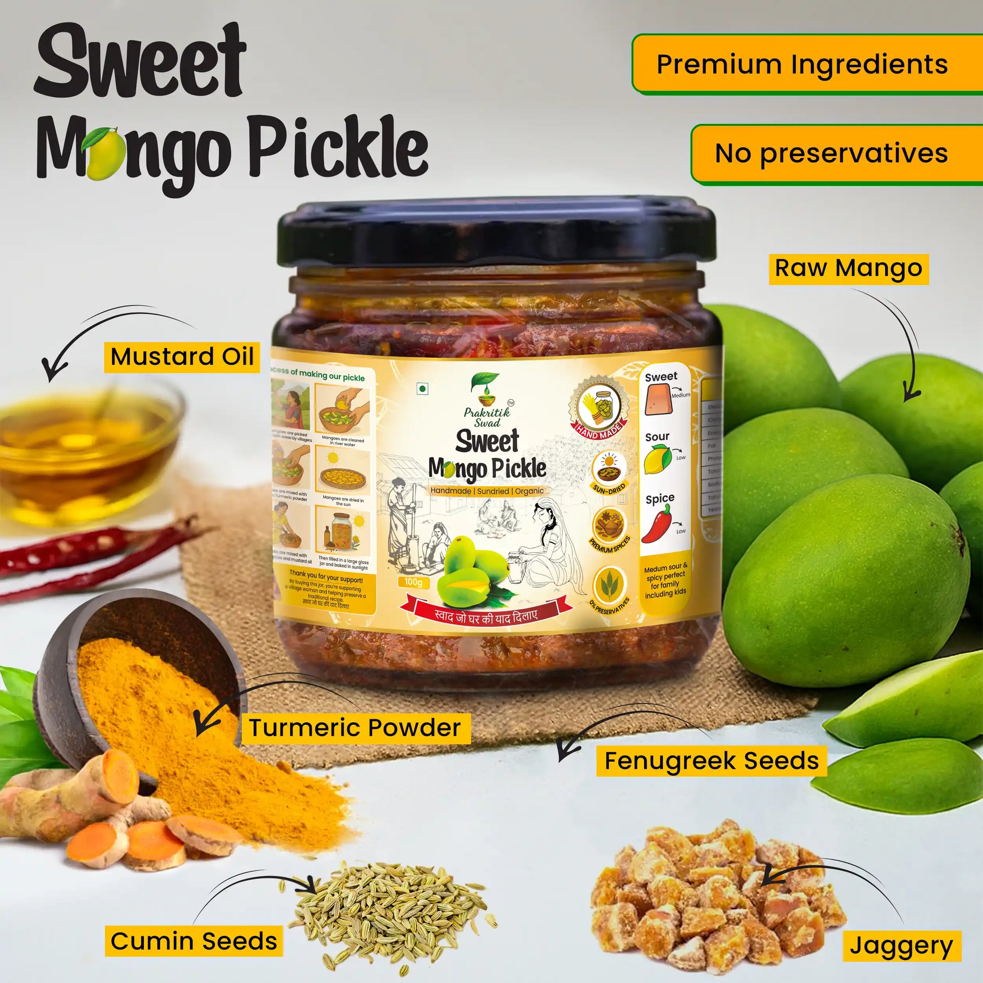 Raw mango, jaggery and traditional Indian spices(raw mango, cumin seeds, mustard oil, fenugreek seeds) used as ingredients for homemade sweet mango pickle