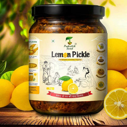Jar of lemon pickle with a label on a wooden surface with lemons