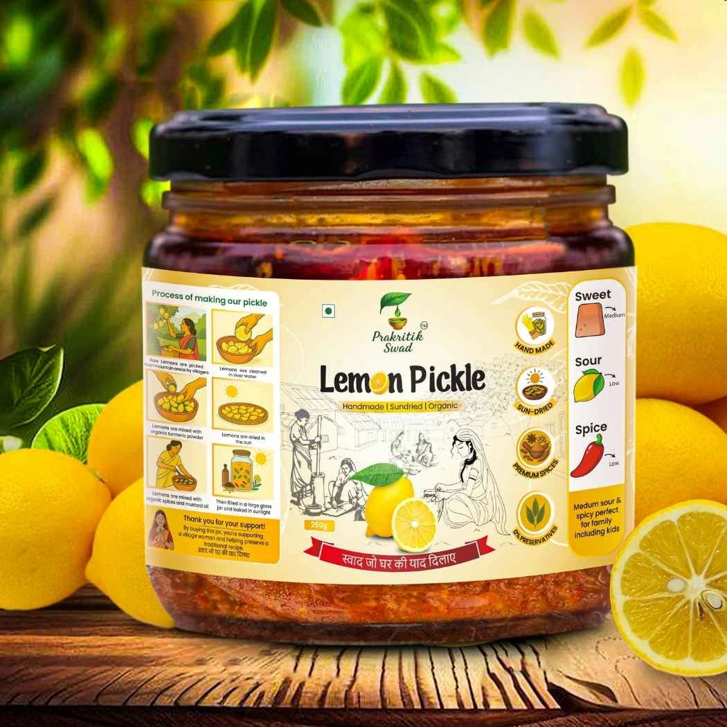 Jar of lemon pickle with a label surrounded by lemons on a wooden surface.