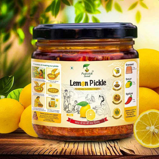 Jar of lemon pickle with a label surrounded by lemons on a wooden surface.