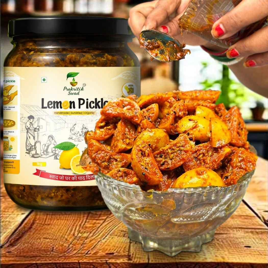 Jar of Prakash Swar Lemon Pickle with a bowl of pickled vegetables on a wooden surface.