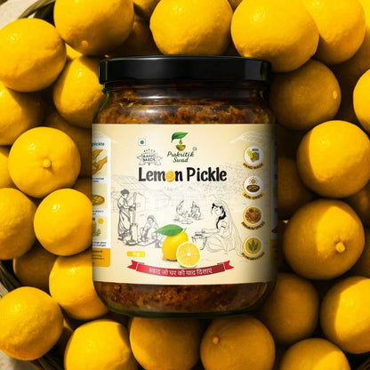 Jar of lemon pickle surrounded by lemons with a visible brand label.