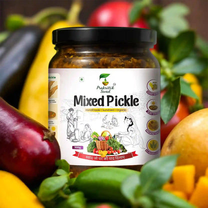 Jar of mixed pickle with a label surrounded by vegetables on a dark background