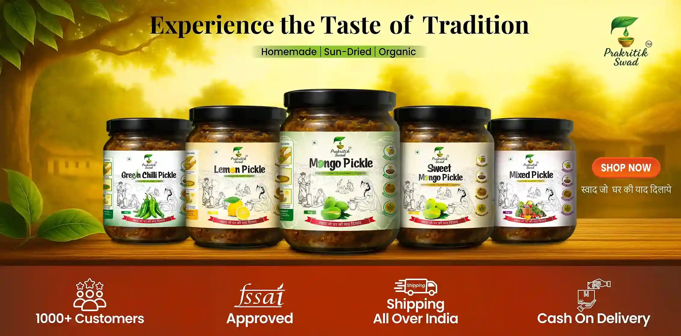 Pickle jars with labels on a scenic background, featuring the brand 'Punchnik Swad'.